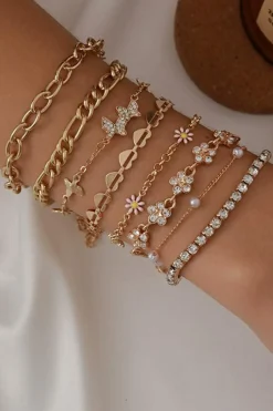 Fashion Dear-Lover Rhinestone Decor Butterfly Flower Multi Layer Bracelet Set Gold