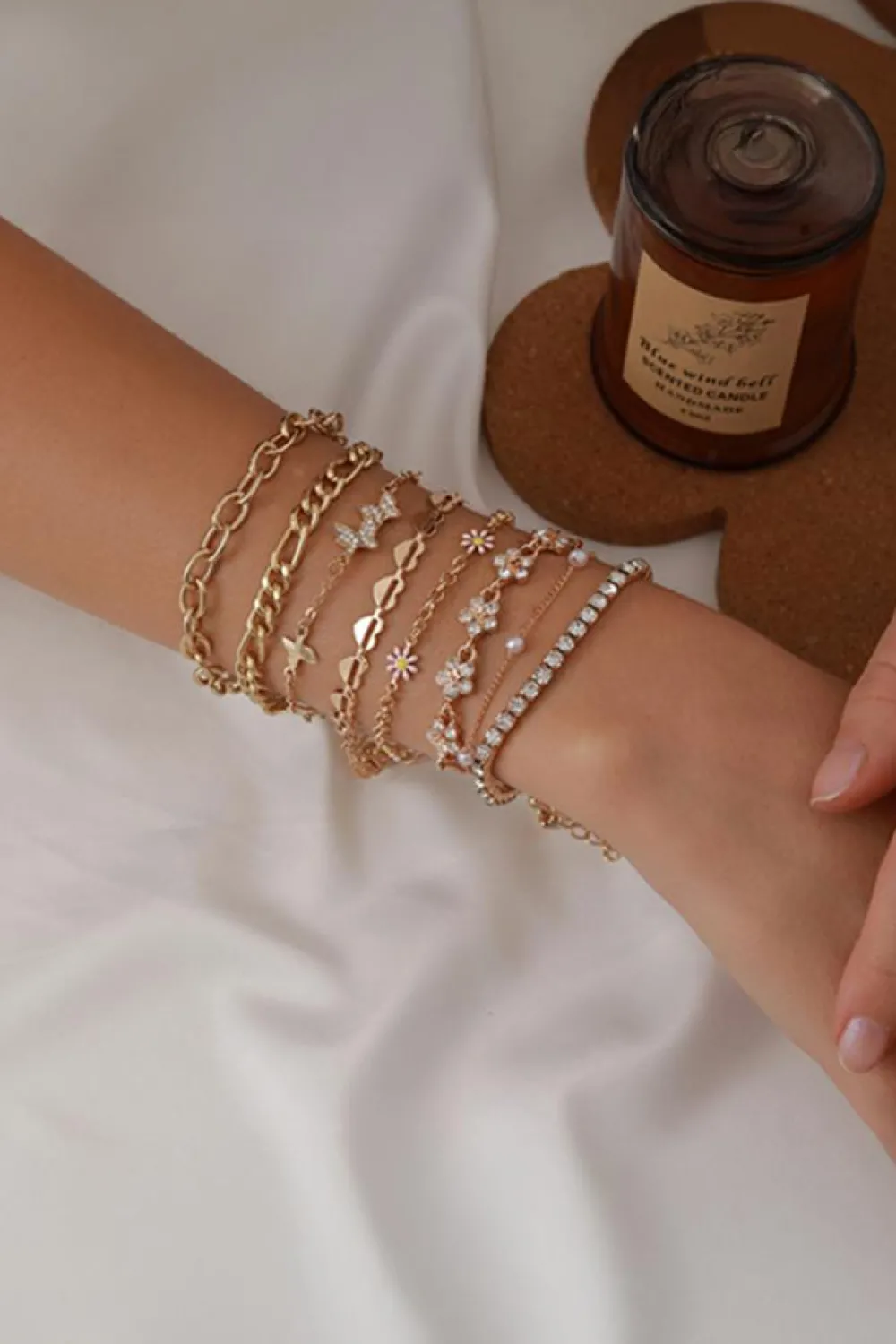 Fashion Dear-Lover Rhinestone Decor Butterfly Flower Multi Layer Bracelet Set Gold