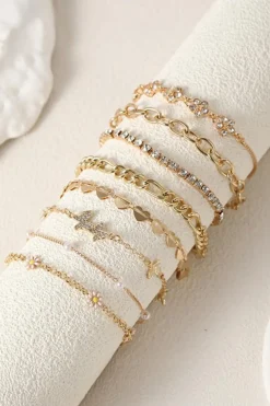 Fashion Dear-Lover Rhinestone Decor Butterfly Flower Multi Layer Bracelet Set Gold