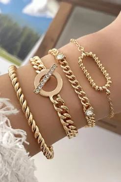 Fashion Dear-Lover Rhinestone Decor Twist Adjustable Chain Bracelets Gold