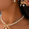 Discount Dear-Lover Rhinestone Pearl Bow Decor Plated Necklace and Earrings Set Gold