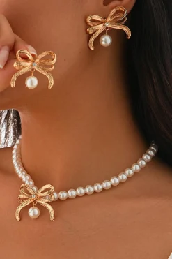Discount Dear-Lover Rhinestone Pearl Bow Decor Plated Necklace and Earrings Set Gold
