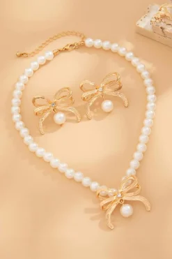 Discount Dear-Lover Rhinestone Pearl Bow Decor Plated Necklace and Earrings Set Gold