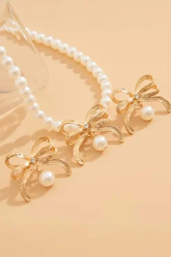 Discount Dear-Lover Rhinestone Pearl Bow Decor Plated Necklace and Earrings Set Gold