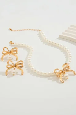 Discount Dear-Lover Rhinestone Pearl Bow Decor Plated Necklace and Earrings Set Gold