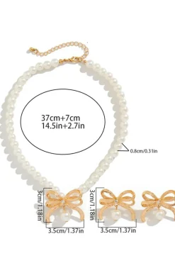 Discount Dear-Lover Rhinestone Pearl Bow Decor Plated Necklace and Earrings Set Gold