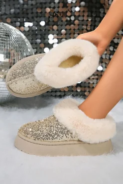 Online Dear-Lover Sequin Plush Lined Thick Sole Snow Boots Gold