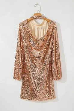 Discount Dear-Lover Sequined Long Sleeve Cutout Back Mini Dress Gold