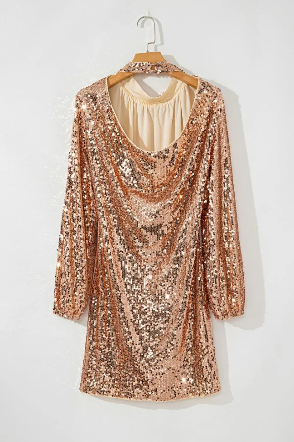 Discount Dear-Lover Sequined Long Sleeve Cutout Back Mini Dress Gold