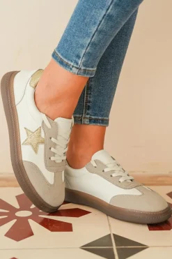 Fashion Dear-Lover Shimmer Star Patch Colorblock Lace up Retro Flattie Gold