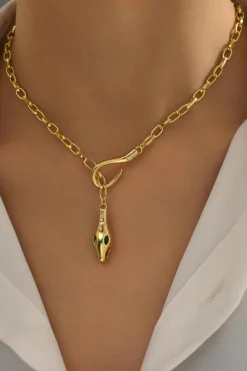 Hot Dear-Lover Snake Design Rhinestone Decor Plated Chain Necklace Gold