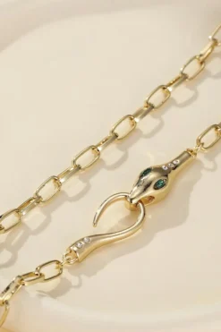 Hot Dear-Lover Snake Design Rhinestone Decor Plated Chain Necklace Gold