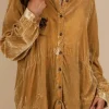 Hot Dear-Lover Solid Color Button Up Loose Fit Velvet Shirt Gold