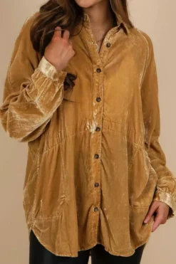 Hot Dear-Lover Solid Color Button Up Loose Fit Velvet Shirt Gold