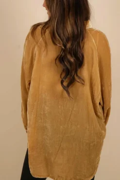 Hot Dear-Lover Solid Color Button Up Loose Fit Velvet Shirt Gold
