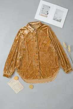 Hot Dear-Lover Solid Color Button Up Loose Fit Velvet Shirt Gold