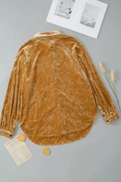 Hot Dear-Lover Solid Color Button Up Loose Fit Velvet Shirt Gold