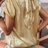 Discount Dear-Lover Solid Color Metallic Ruched Sleeve Back Knot Blouse Gold
