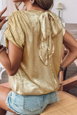 Discount Dear-Lover Solid Color Metallic Ruched Sleeve Back Knot Blouse Gold