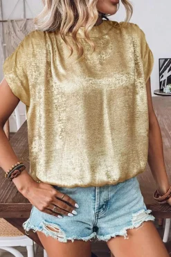 Discount Dear-Lover Solid Color Metallic Ruched Sleeve Back Knot Blouse Gold