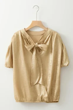 Discount Dear-Lover Solid Color Metallic Ruched Sleeve Back Knot Blouse Gold