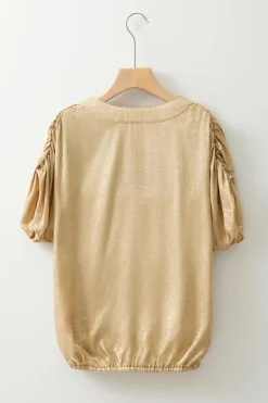 Discount Dear-Lover Solid Color Metallic Ruched Sleeve Back Knot Blouse Gold
