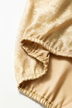 Discount Dear-Lover Solid Color Metallic Ruched Sleeve Back Knot Blouse Gold
