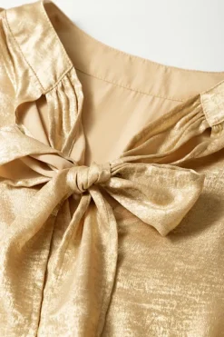 Discount Dear-Lover Solid Color Metallic Ruched Sleeve Back Knot Blouse Gold