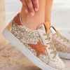 Online Dear-Lover Star Patchwork Sequined Lace-up Sneakers Gold