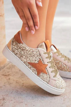 Online Dear-Lover Star Patchwork Sequined Lace-up Sneakers Gold