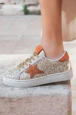 Online Dear-Lover Star Patchwork Sequined Lace-up Sneakers Gold