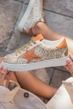 Online Dear-Lover Star Patchwork Sequined Lace-up Sneakers Gold