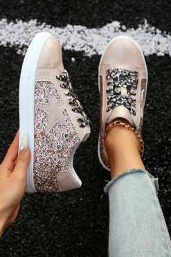 Outlet Dear-Lover Star Sequin Patchwork Leopard Lace-up Shoes Gold