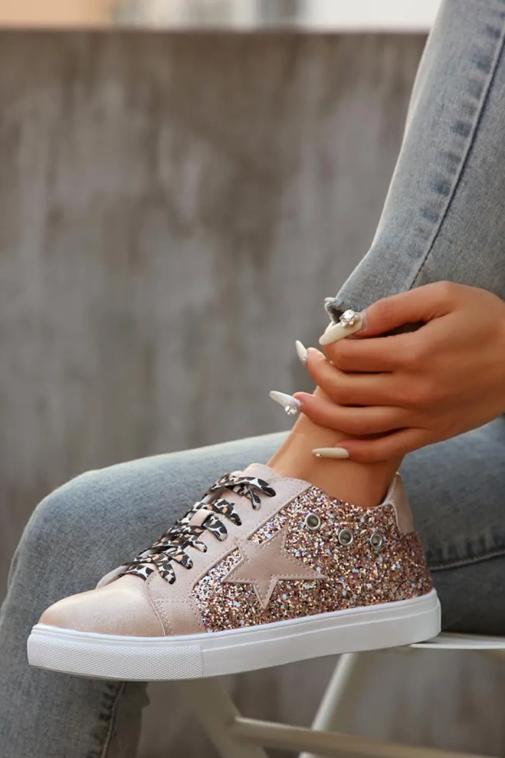 Outlet Dear-Lover Star Sequin Patchwork Leopard Lace-up Shoes Gold