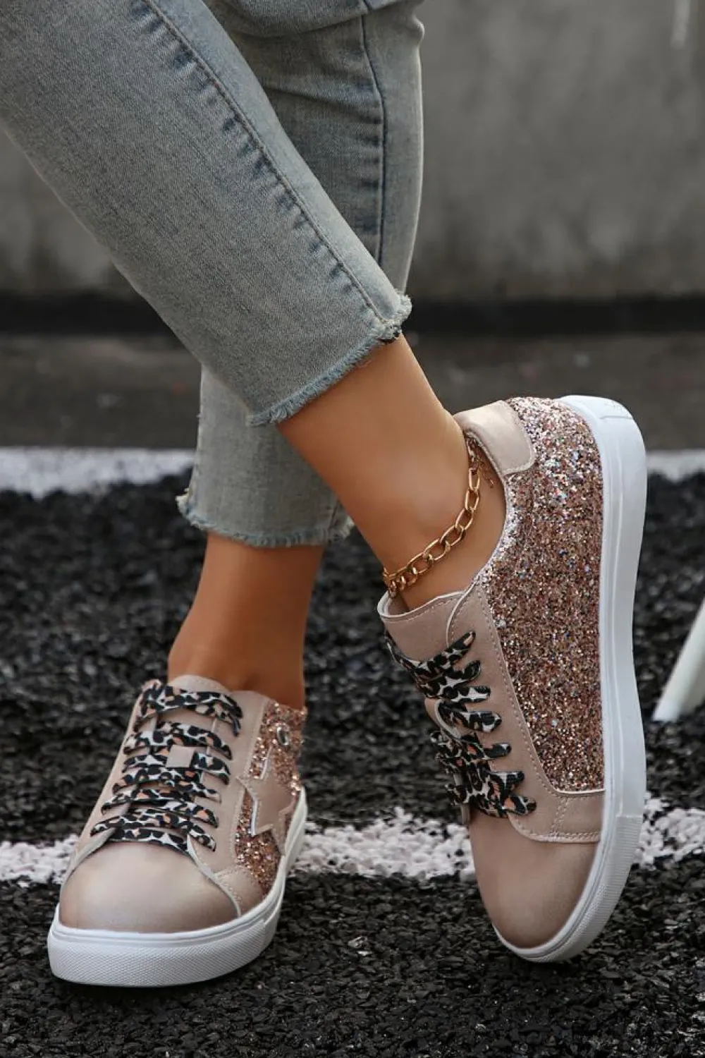 Outlet Dear-Lover Star Sequin Patchwork Leopard Lace-up Shoes Gold
