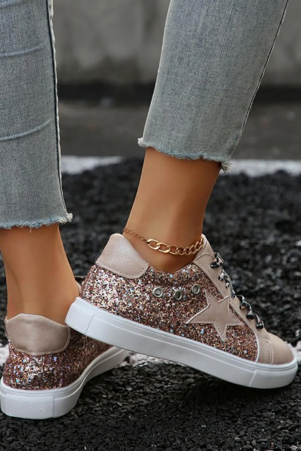 Outlet Dear-Lover Star Sequin Patchwork Leopard Lace-up Shoes Gold