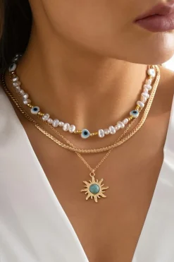 Hot Dear-Lover Sun Turquoise Pearl Beaded Multi Layered Pendant Necklace Gold
