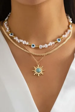 Hot Dear-Lover Sun Turquoise Pearl Beaded Multi Layered Pendant Necklace Gold