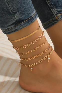Fashion Dear-Lover Sweet Heart Rhinestone Dangle 5-piece Anklets Gold