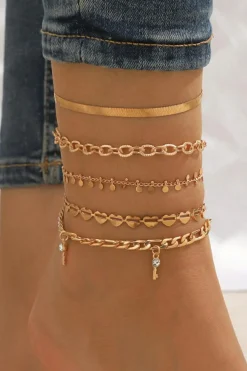 Fashion Dear-Lover Sweet Heart Rhinestone Dangle 5-piece Anklets Gold