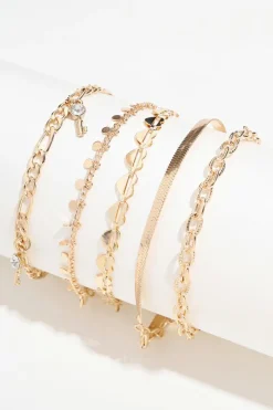 Fashion Dear-Lover Sweet Heart Rhinestone Dangle 5-piece Anklets Gold