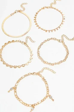 Fashion Dear-Lover Sweet Heart Rhinestone Dangle 5-piece Anklets Gold