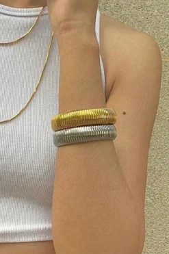 Outlet Dear-Lover Textured Striped Plated Titanium Steel Chunky Bangle Gold