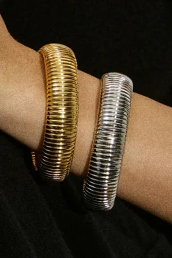 Outlet Dear-Lover Textured Striped Plated Titanium Steel Chunky Bangle Gold