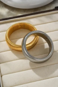 Outlet Dear-Lover Textured Striped Plated Titanium Steel Chunky Bangle Gold