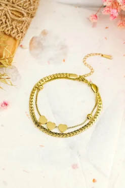 Hot Dear-Lover Triple Heart Double Layer Adjustable Chain Bracelet Gold