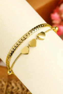 Hot Dear-Lover Triple Heart Double Layer Adjustable Chain Bracelet Gold