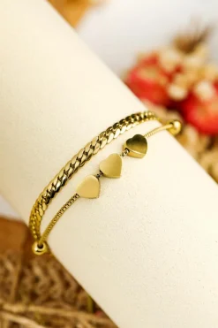 Hot Dear-Lover Triple Heart Double Layer Adjustable Chain Bracelet Gold
