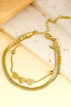 Hot Dear-Lover Triple Heart Double Layer Adjustable Chain Bracelet Gold