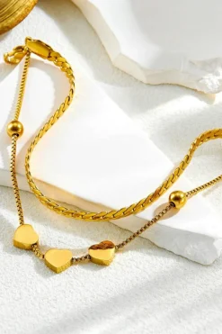 Hot Dear-Lover Triple Heart Double Layer Adjustable Chain Bracelet Gold
